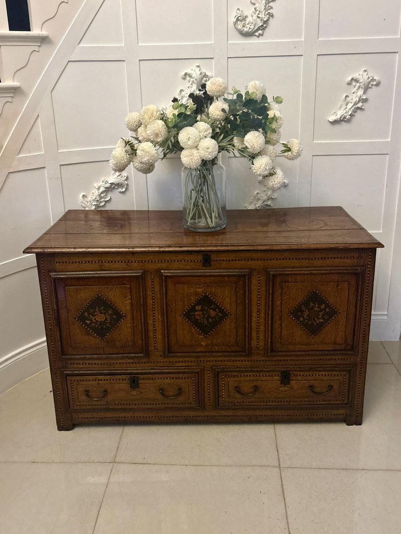 Exceptional Quality 17th Century Antique Oak Mule Chest with Marquetry Inlay
